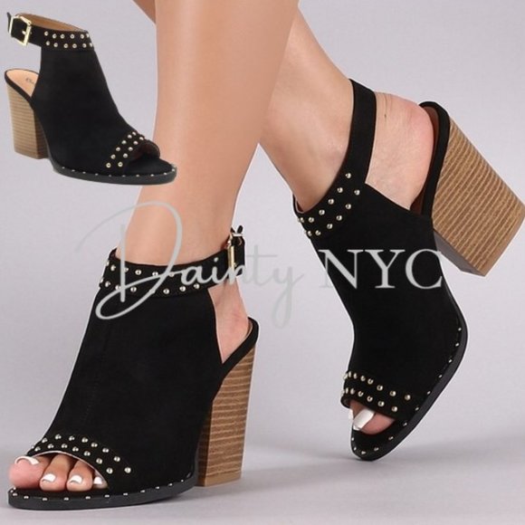 Gold Studded Black Slingback Peep Toe Block Heels - Picture 10 of 10